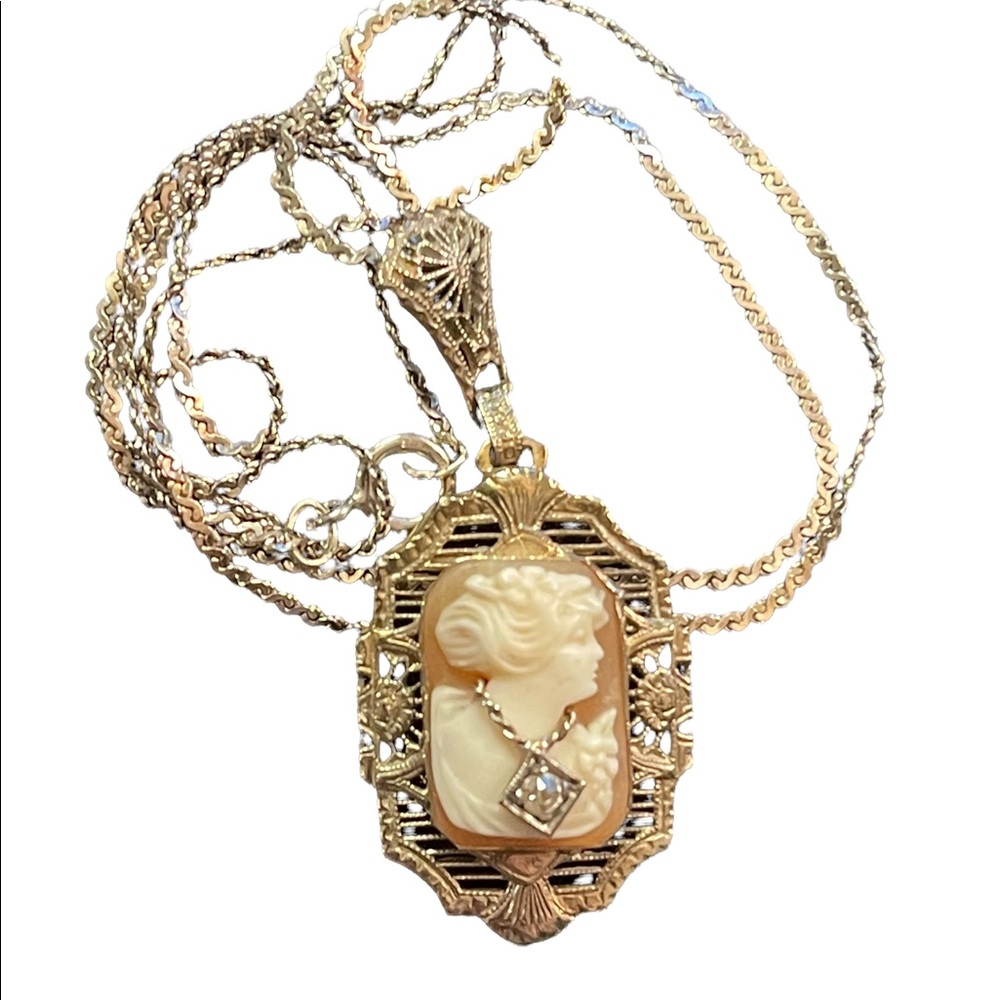 Antique Sterling diamond lavalier pendant Shell Cameo necklace 925